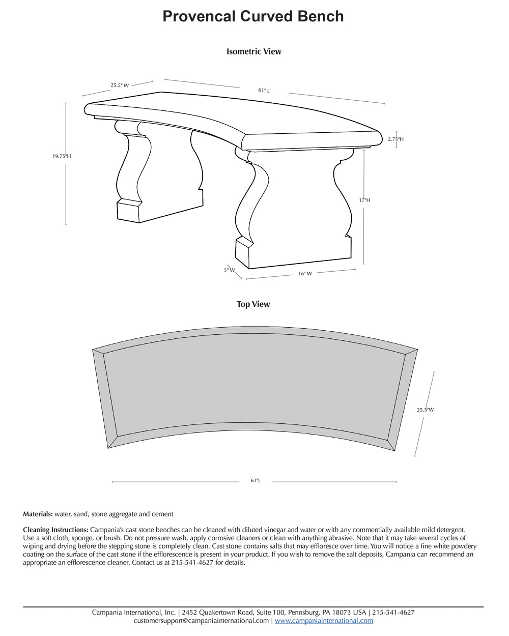 Provencal Curved Cast Stone Bench