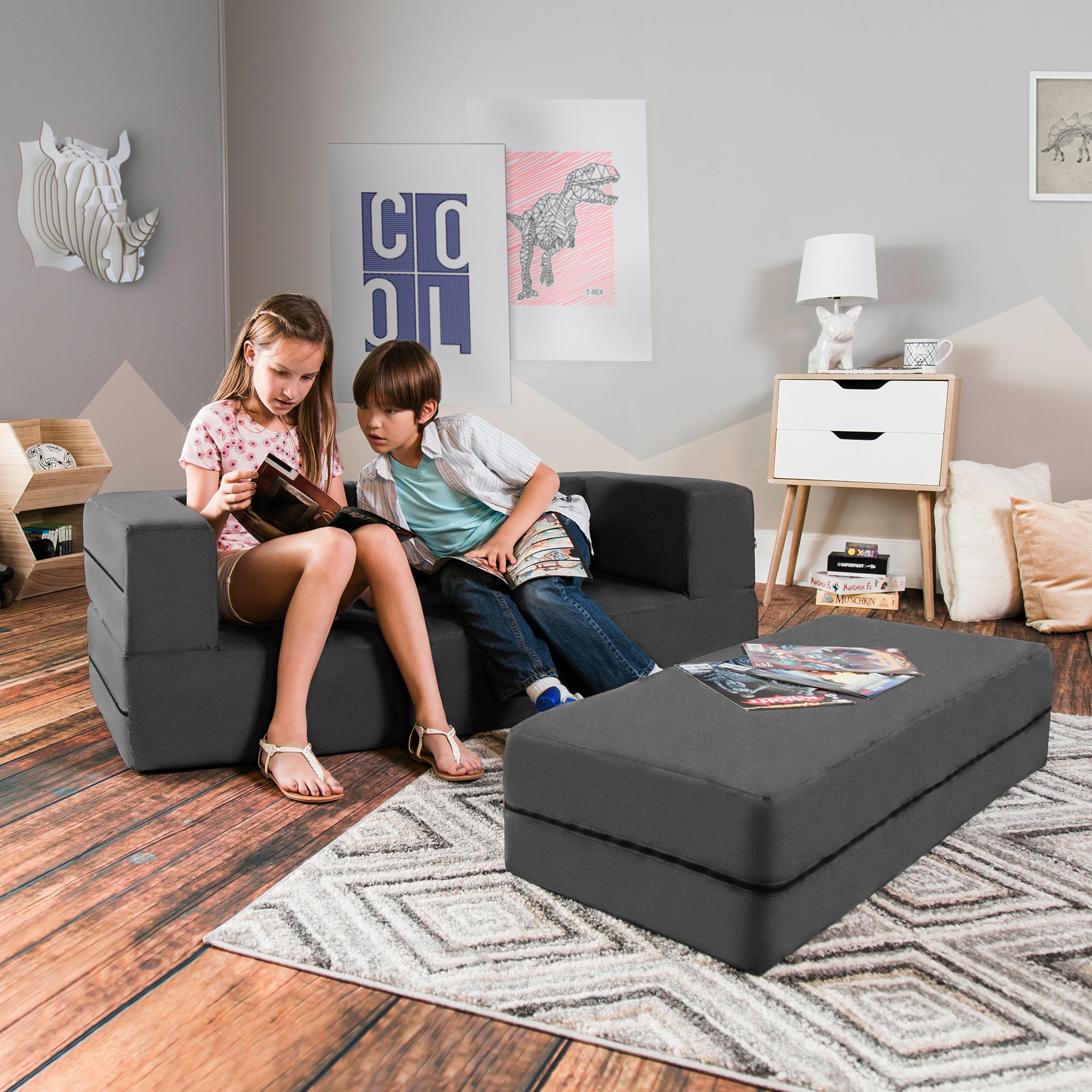 Kids Zipline Convertible Sofa & Large Ottoman