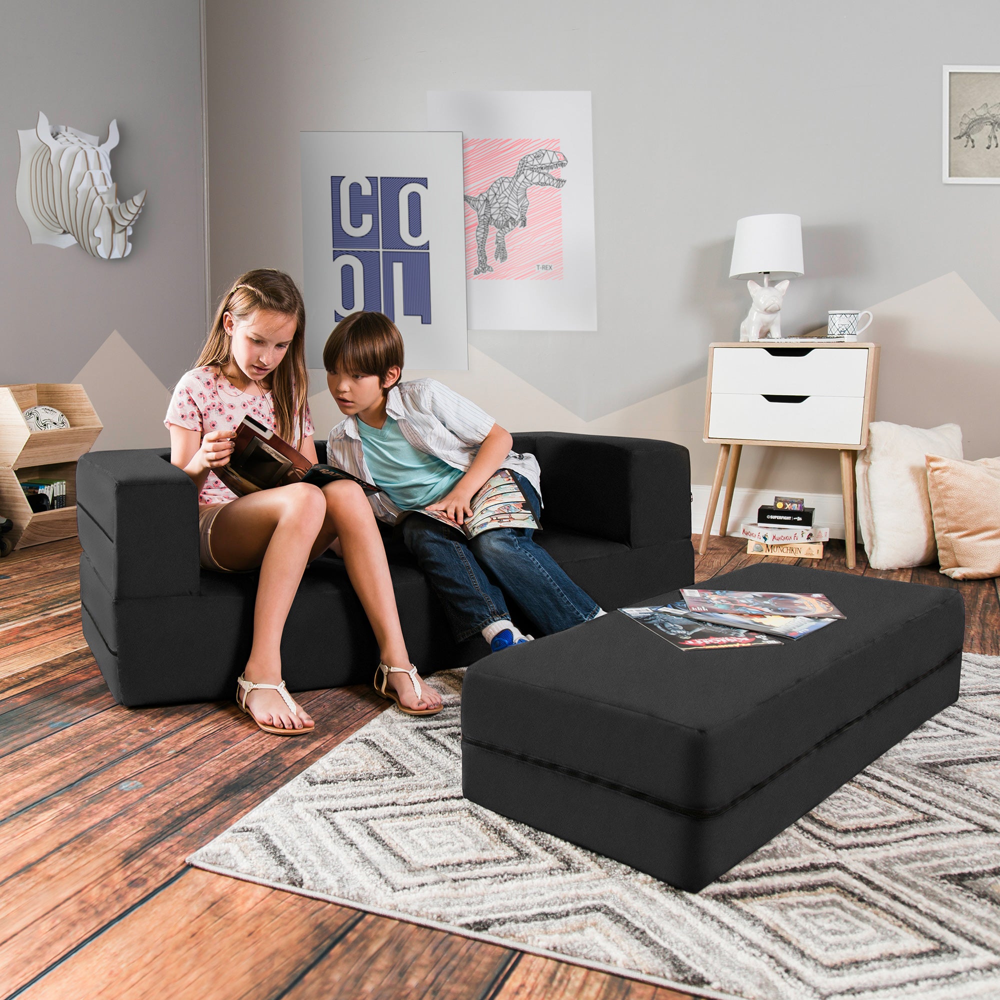 Kids Zipline Convertible Sofa & Large Ottoman