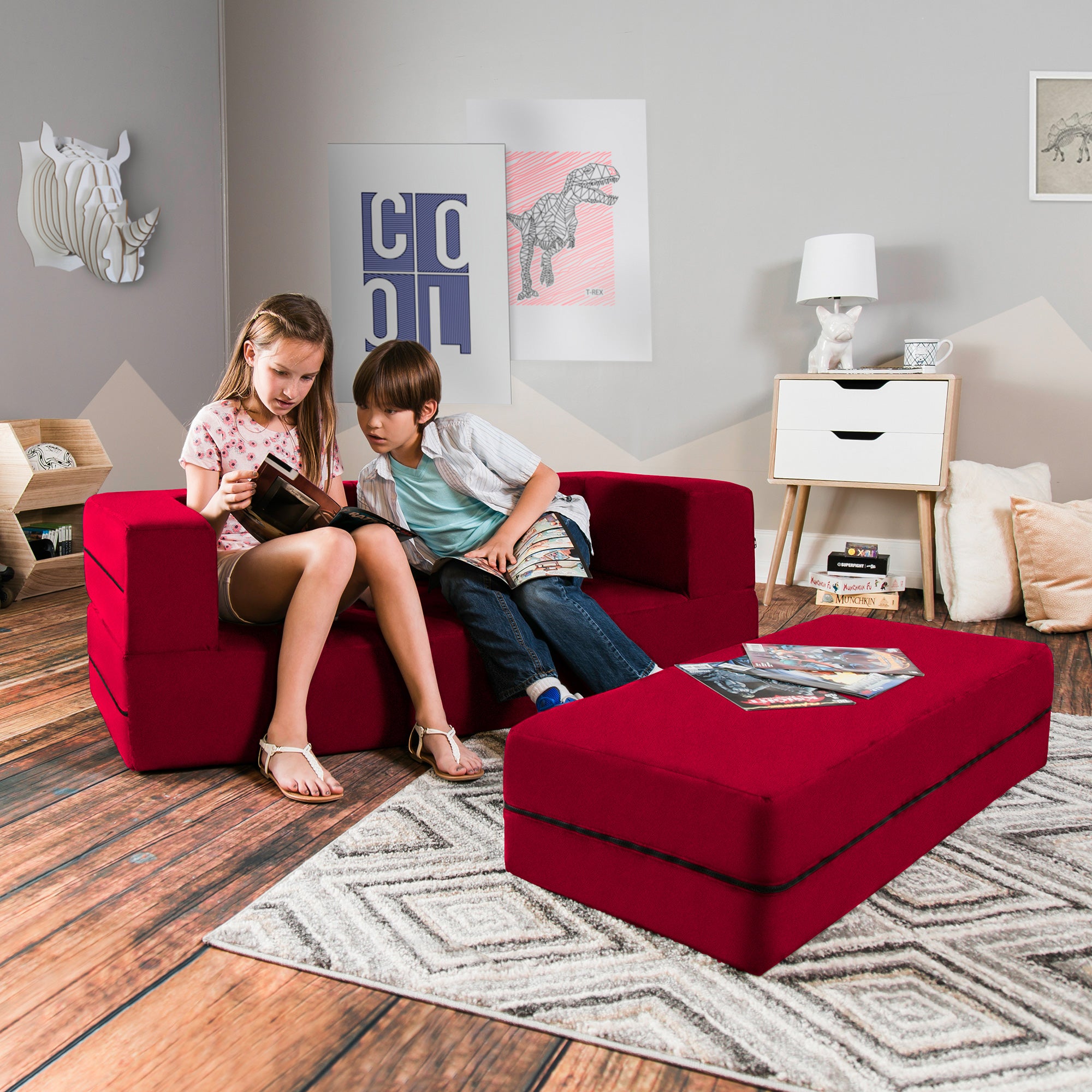 Kids Zipline Convertible Sofa & Large Ottoman