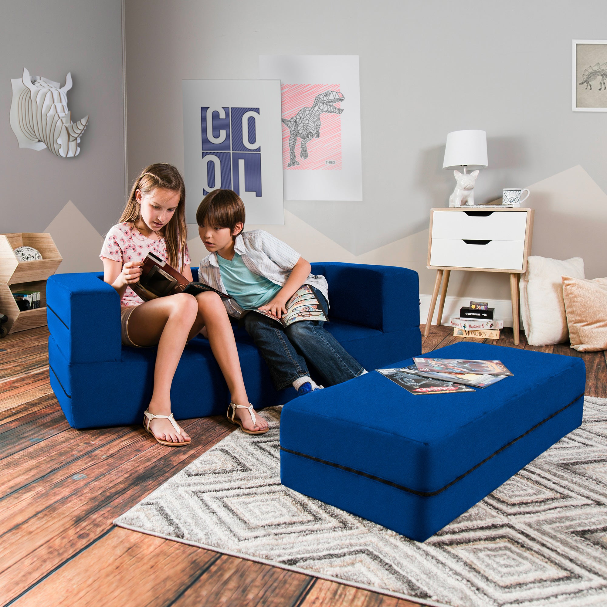 Kids Zipline Convertible Sofa & Large Ottoman