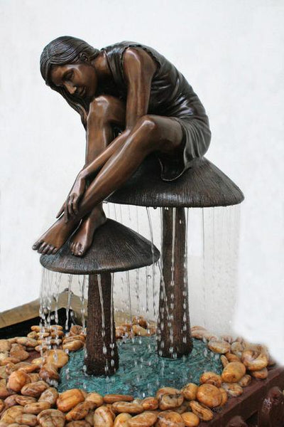 Brass Baron Girl on Mushroom Garden Fountain