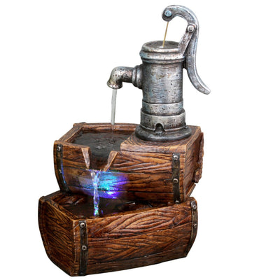 2-Tier Water Pump Barrel Fountain with LED Light