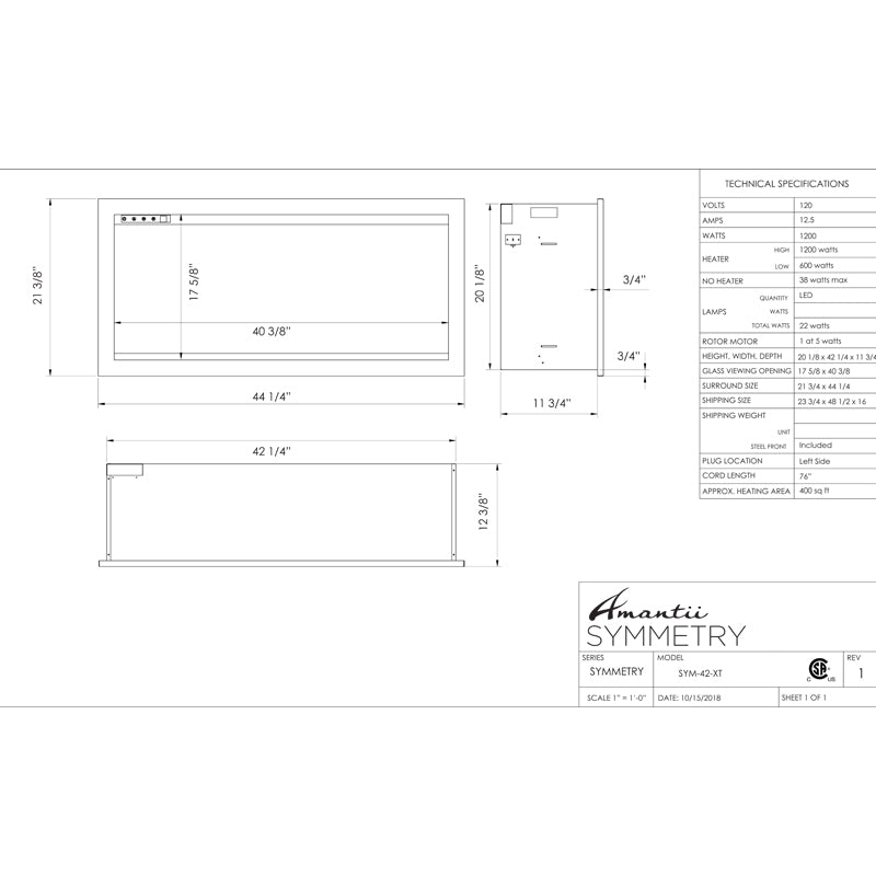 Amantii 42" Symmetry Extra Tall Smart Indoor | Outdoor Electric Fireplace