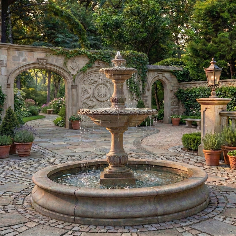 Charleston Cast Stone Outdoor Fountain in Basin | Large Fountain