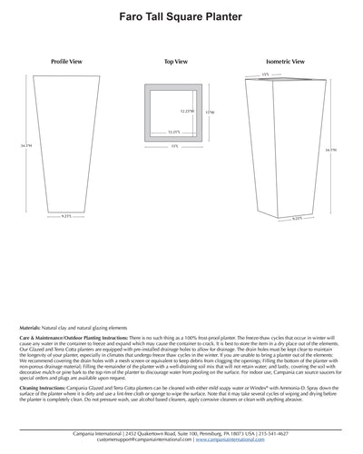 Faro Tall Square Planter | Glazed Collection