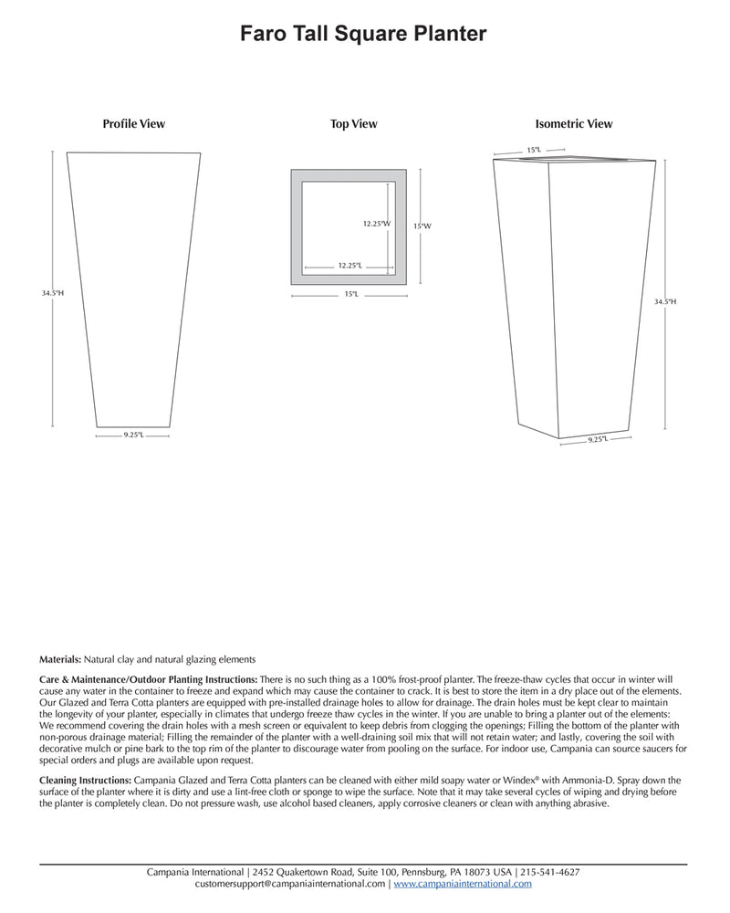 Faro Tall Square Planter | Glazed Collection