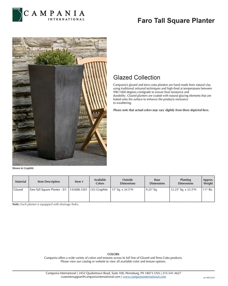 Faro Tall Square Planter | Glazed Collection