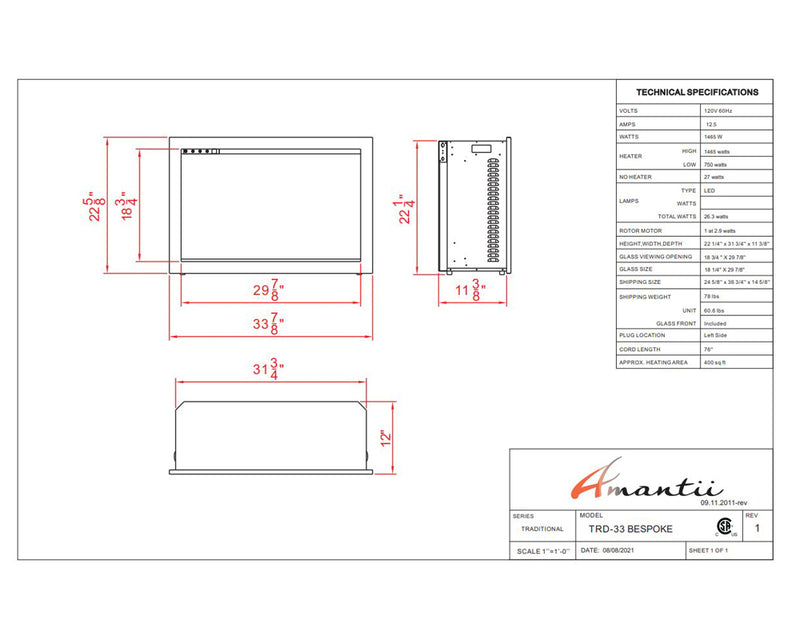 Amantii 33" TRD Bespoke Smart Electric Fireplace Insert