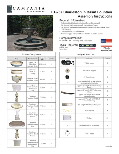 Charleston Cast Stone Outdoor Fountain in Basin | Large Fountain