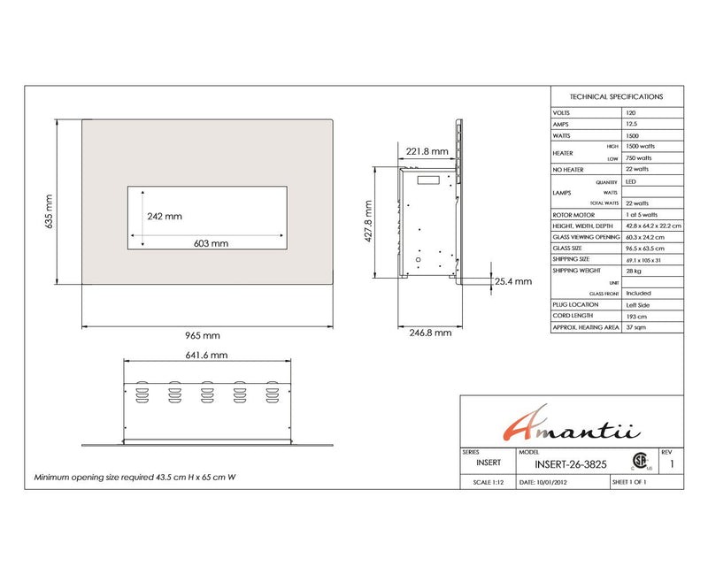 Amantii 26" Electric Fireplace Insert with Black Glass Surround
