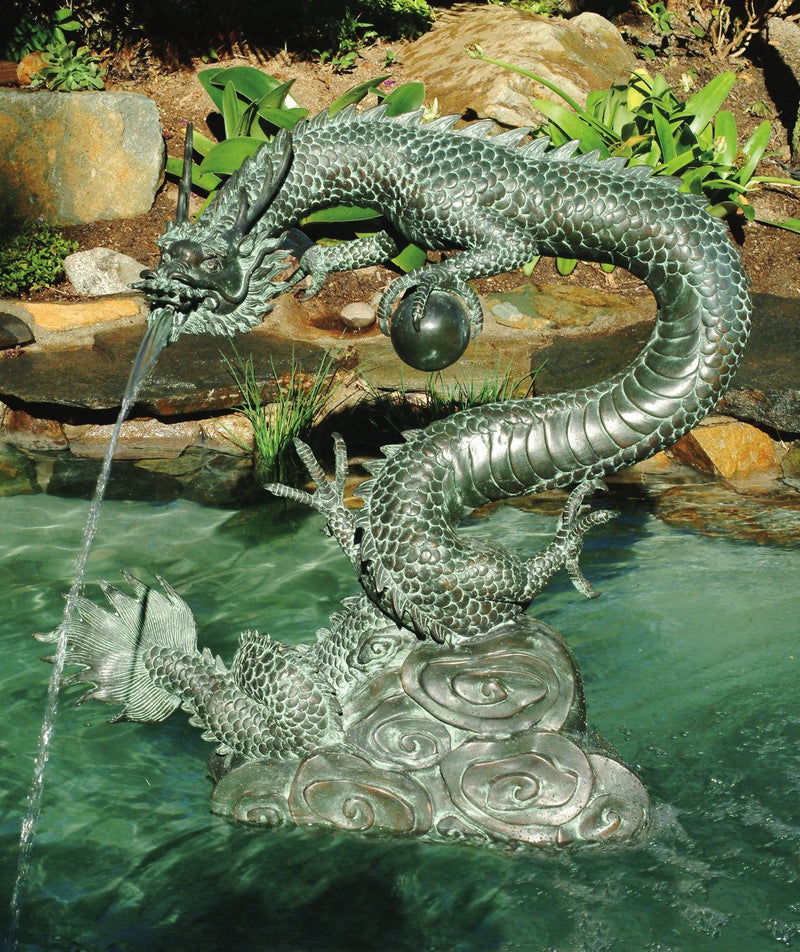 Brass Baron Large Water Dragon Garden Accent and Pool Statuary