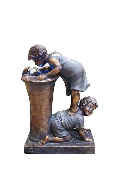 Boy and Girl Drinking Water from Fountain with LED Light