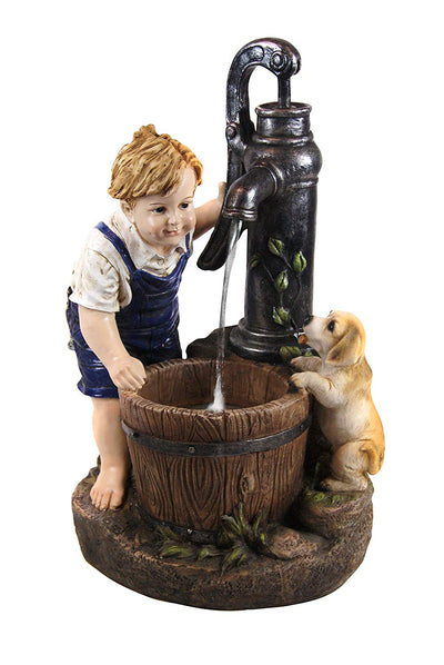 Boy and Dog with Water Pump Fountain and LED Light