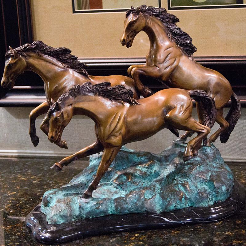 Brass Baron Three Horses Galloping Table Top Statue
