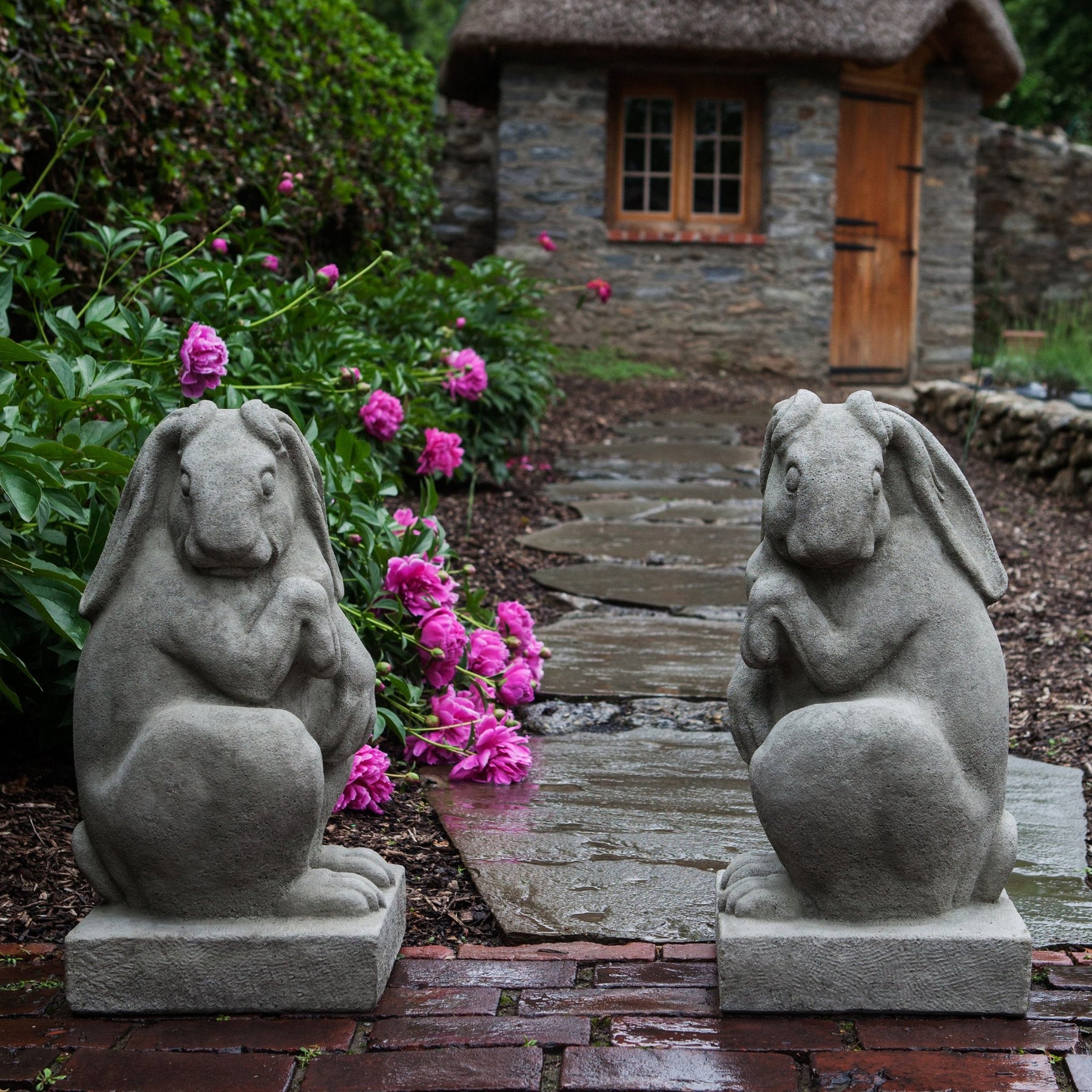 Stone Rabbit Statues Newport Rabbit Cast Stone Garden Statue - Set of 2 – Soothing Company