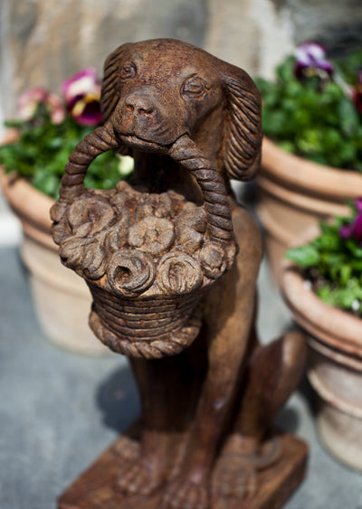 Vintage Dog With Basket Cast Stone Garden Statue